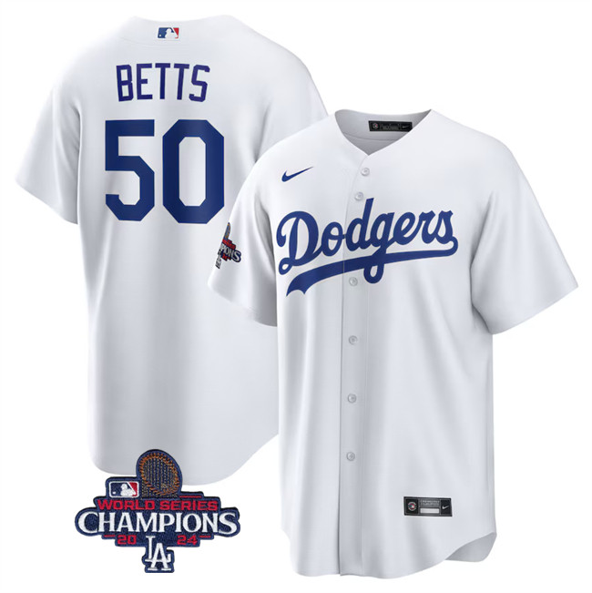 Men's Los Angeles Dodgers #50 Mookie Betts White 2024 World Series Champions Cool Base Stitched Baseball Jersey Men's Los Angeles Dodgers #50 Mookie Betts White 2024 World Series Champions Cool Base Stitched Baseball Jersey